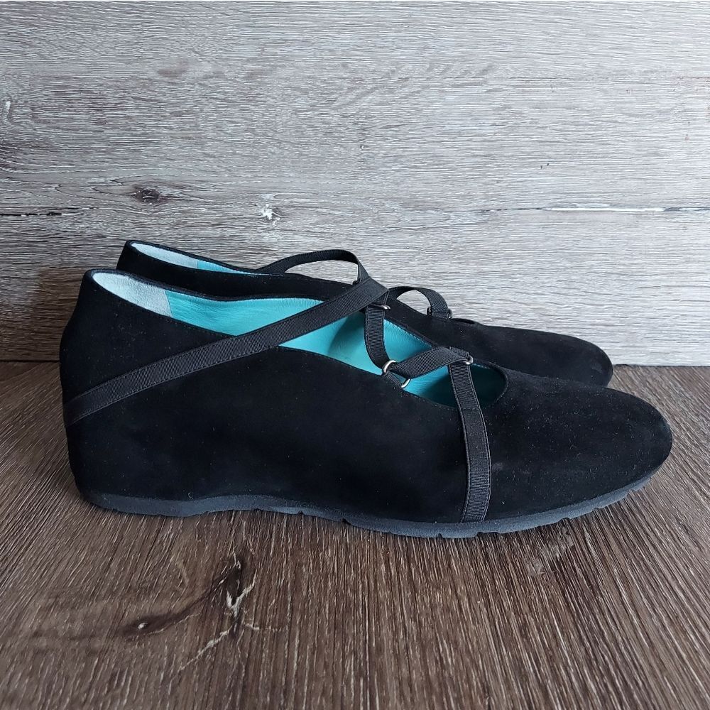 Women’s THIERRY RABOTIN Black Suede Cross Over Ribbon Wedge Shoes, Size 41